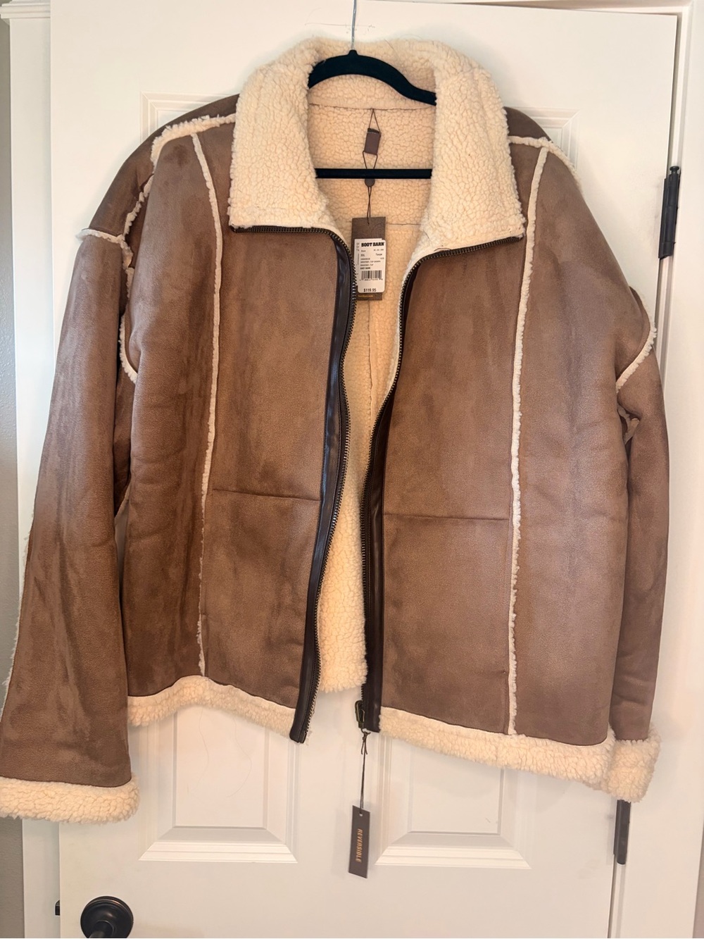 Women’s Brown Faux Shearling Pea Coat with Cream Trim